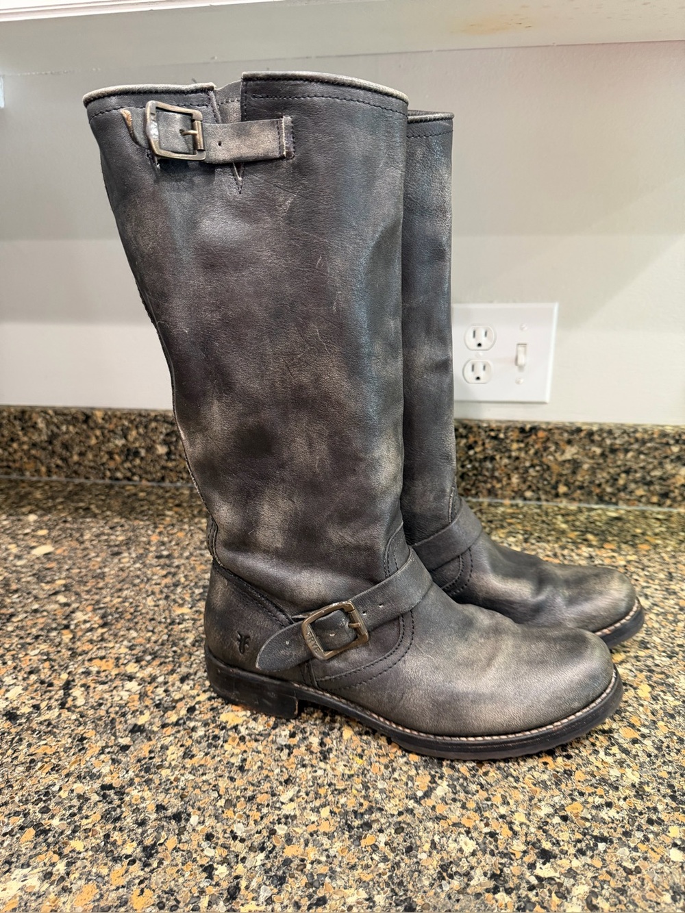 Ladies Frye 10
Tall Leather Buckle Riding Boots - Gray